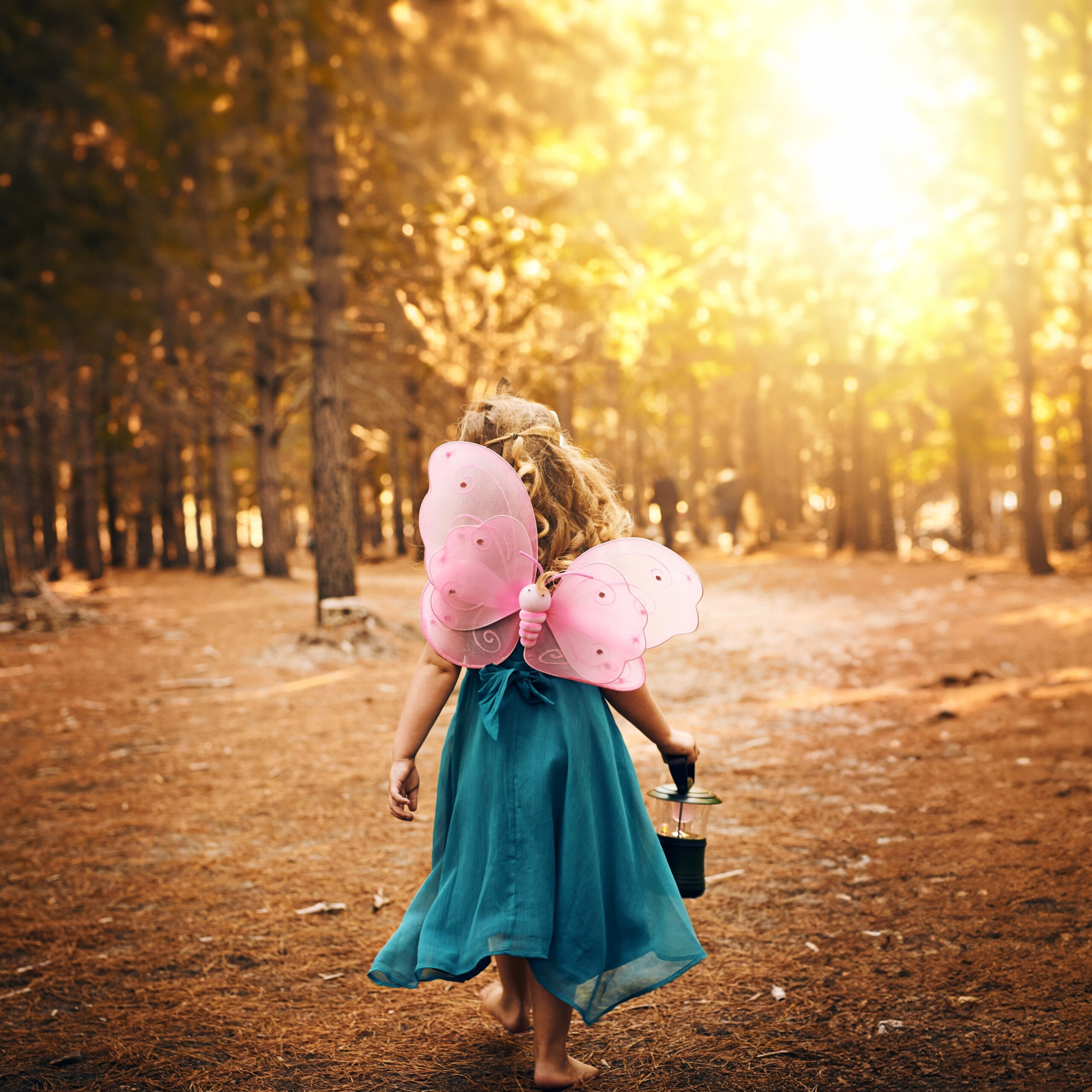 Back,,Walking,And,Child,In,Forest,,Barefoot,And,Wings,Of